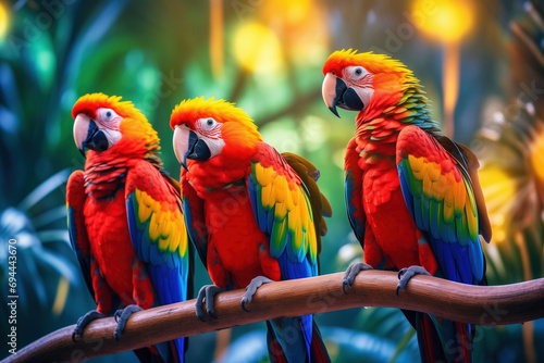 Vibrant Scarlet Macaws Perched on a Branch © marishatti