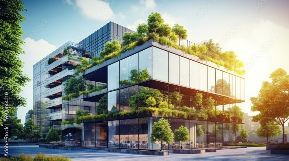 Eco architecture in the modern city, Green tree and glass office building. The harmony of nature and modernity, office building with green environment. Eco architecture in the modern city, Green tree and glass office building. The harmony of nature and modernity, office building with green environment.