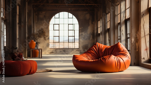 A wide photo of an isolated beautiful orange color cozy sofa in a middle of big hall   © Sudarshana