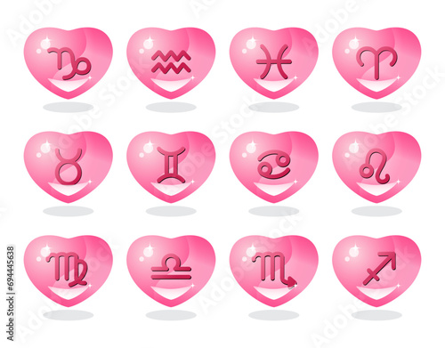 Zodiac sign icons in the form of voluminous pink hearts. Astrology, Space, horoscope. Isolated vector illustration on a transparent background