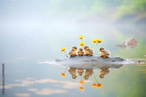 Shot of ducks with ducklings on misty morning lake. A mother duck with a group of lovely ducklings is swimming on the calm pond. Reflection photography, Art Nouveau, wild life © Bettina
