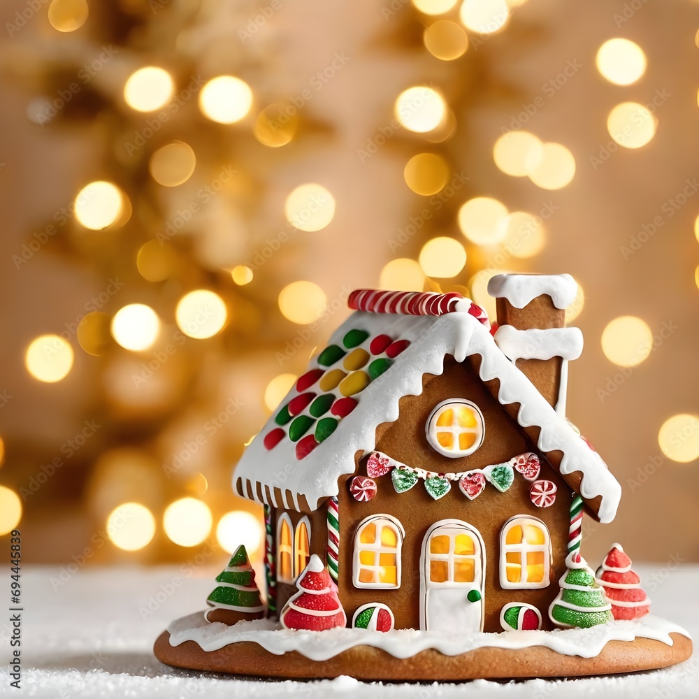 Christmas gingerbread house decoration on white background of defocused golden lights. Christmas gingerbread house decoration on white background of defocused golden lights.