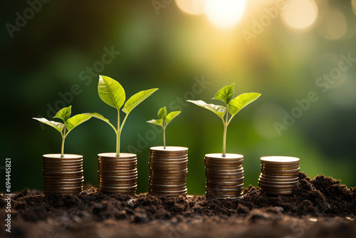 Seedlings are growing on the Coins stack with cubes, business growth, profit, and success development to achieve the target. Strategic planning