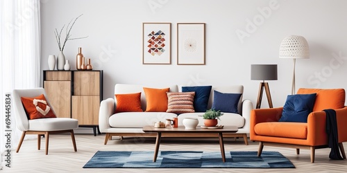 A real photo of a white living room with a navy peony rug, a fancy navy blue sofa, and orange and red cushions on it. A basic wooden coffee table is also featured. photo