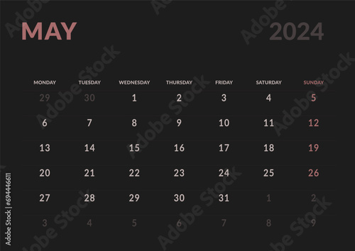 Monthly page Calendar Planner Templates of May 2024. Vector layout of simple calendar with week start Monday for print. Page for size A4 or 21x29.7 cm in dark color