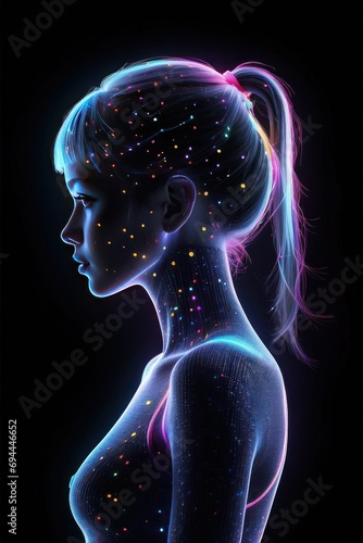 Colorful beautiful woman silhouette neon dots