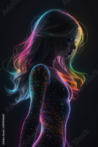 Colorful beautiful woman silhouette neon dots