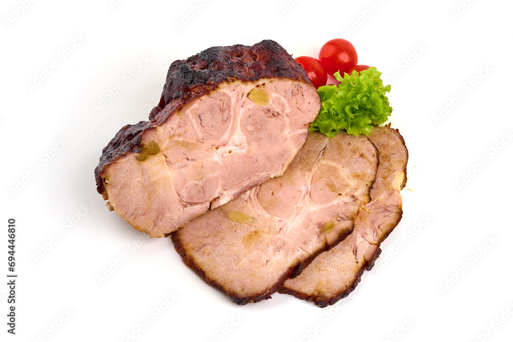 Juicy roast pork, isolated on white background.