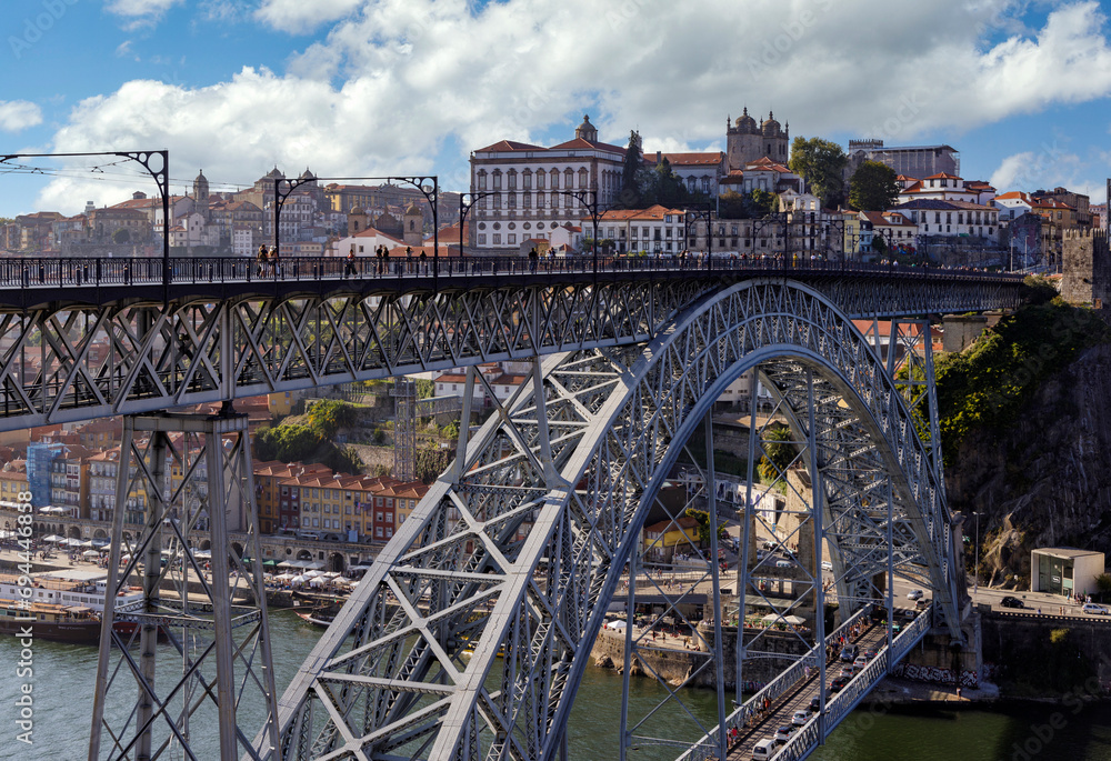 View of Don Luis I bridge, which connect Porto and Vilanova de Gaia in Portugal. 