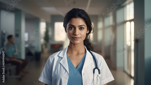 Portrait of young female doctor with stethoscope in hospital.