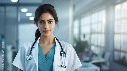 Portrait of young female doctor with stethoscope at hospital.