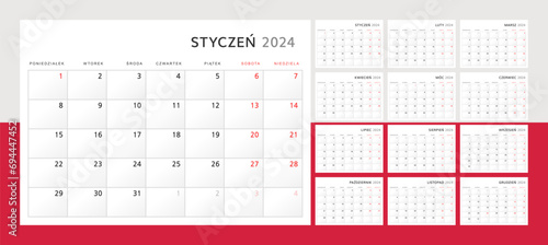 Calendar 2024 in Polish language. Wall calendar for 2024 in classic minimalist style. Week starts on Monday. Set of 12 months. Corporate Planner Template. A4 format horizontal. Vector graphics