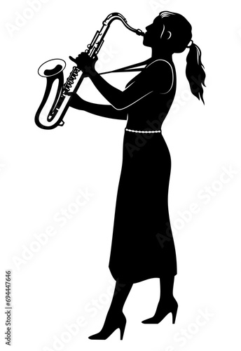 Silhouette of woman playing on a saxophone. Vector clipart isolated on white.