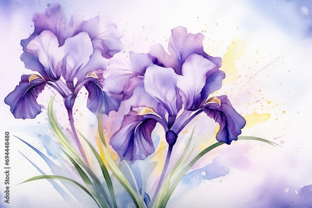 Purple blossom watercolor blooming flowers spring plant floral background nature iris