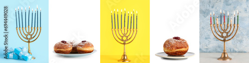 Set of candlesticks and tasty donuts for Hanukkah celebration on color background