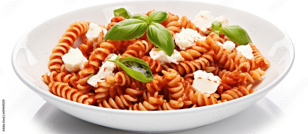 Baked spiral fusilli pasta in tomato sauce, basil, mozzarella, and Parmigiano cheese from Campania, Italy. Baked spiral fusilli pasta in tomato sauce, basil, mozzarella, and Parmigiano cheese from Campania, Italy.
