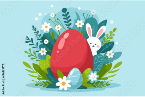 Flat vector happy easter day bunny hiding behind easter eggs, happy easter day vector illustration