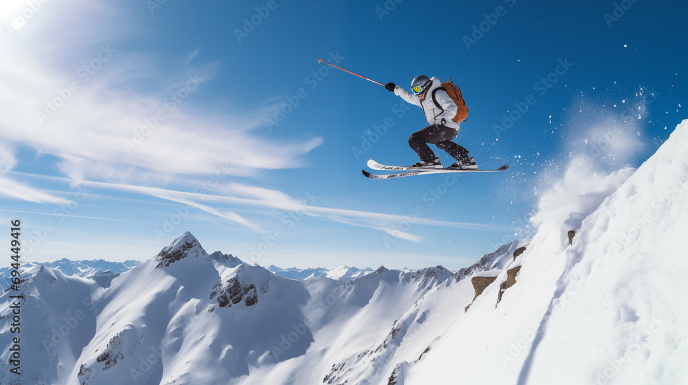 Skier in mid-jump with ski poles forming a pen nib.
