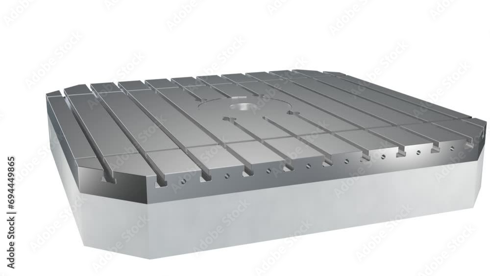 CNC machine work table 3D rotating on white background. CNC machine work table 3D rotating on white background.