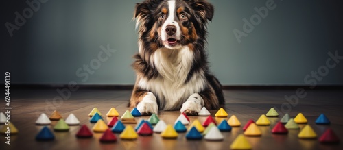 Australian shepherd dog engaged in scent work game, locating treats under cones at canine enrichment center.
