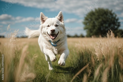 A dog running in an open field.