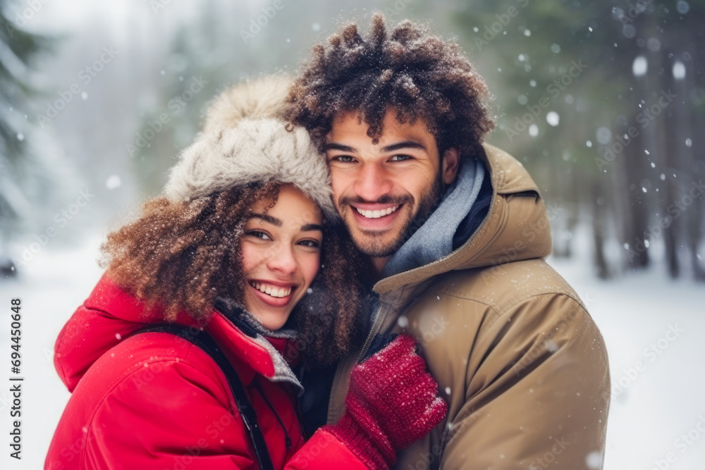 Mixed race couple on valentine's date winter time. Enjoying outdoors, spending quality free time in Christmas, on New Year. Love makes us warm.
