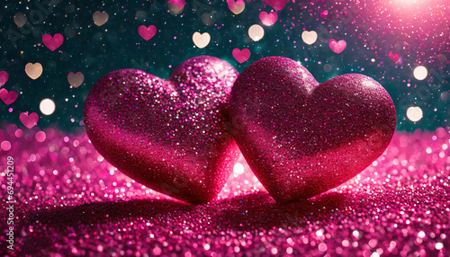 pair of  rendered Glitter Hearts on a Glitter Bokeh Background