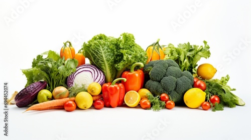 an assortment of colorful fruits and vegetables, each item meticulously isolated on a pristine white backdrop, capturing the freshness and natural beauty of these healthy ingredients.