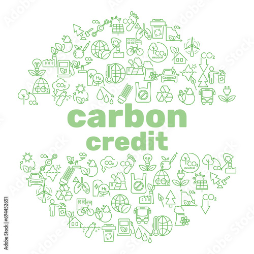 Carbon credit circle green banner. Carbon neutral concept. wind turbine, bicycle,light bulb, carbon footprint, ocean cleanup, co2 molecule, recycling, public transportation, green factory. Vector.