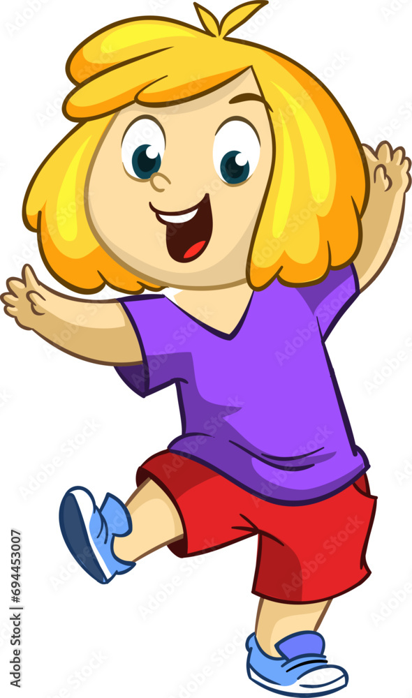 Cute little girl waving and smiling. Vector cartoon .illustration of a teenager in casual street clothes presenting. Outlined Cute little girl waving and smiling. Vector cartoon .illustration of a teenager in casual street clothes presenting. Outlined