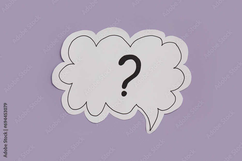 Paper speech bubble with question mark on lilac background Paper speech bubble with question mark on lilac background