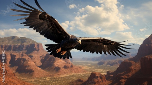 An imposing condor soaring gracefully above the rugged desert canyons, a symbol of power in the wild expanse.