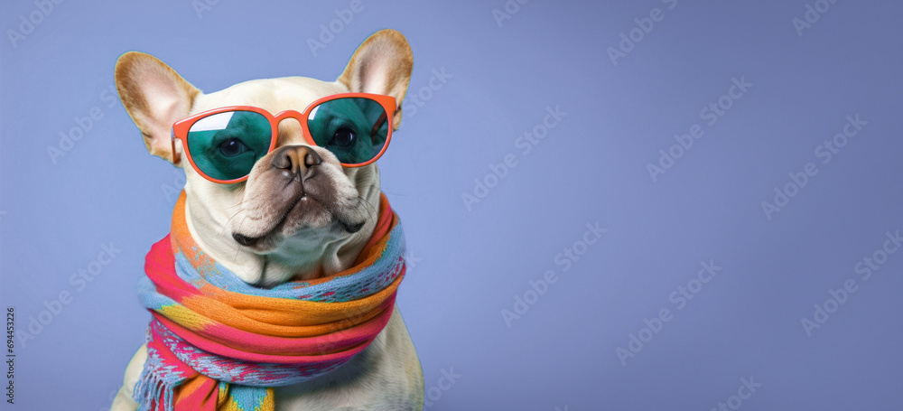 Cool and collected, this French Bulldog sets the trend for pet style and charisma, purple background, copy space