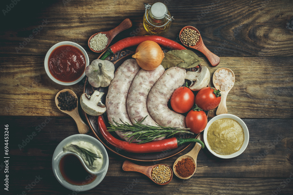 Raw sausages for frying with different spices, sauces and vegetables, barbecue sausages