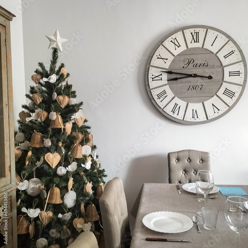 christmas table setting with clock