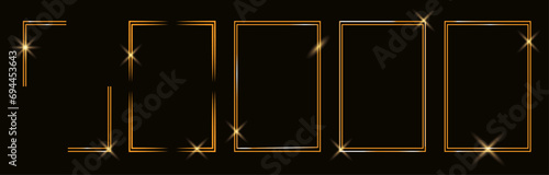 Gold shiny glowing frames set isolated on black background. Luxury realistic sqare borders collection.