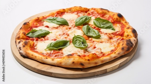 an Italian feast with a classic margherita pizza, its gooey cheese and fresh basil displayed against a clean white background.