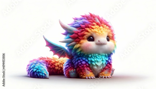 Cute rainbow little dragon. Cartoon character fluffy dragon. Fantasy Funny baby monster with wings and big eyes. Fairy-tale hero. Children book. Illustration of tales. Toy design. Print. Copy space