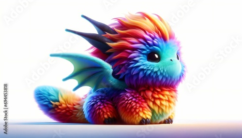 Cute rainbow little dragon. Cartoon character fluffy dragon. Fantasy Funny baby monster with wings and big eyes. Fairy-tale hero. Children book. Illustration of tales. Toy design. Print. Copy space © Zakhariya