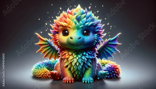 Cute rainbow little dragon. Cartoon character fluffy dragon. Fantasy Funny baby monster with wings and big eyes. Fairy-tale hero. Children book. Illustration of tales. Toy design. Print. Copy space