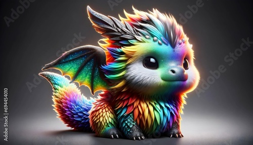 Cute rainbow little dragon. Cartoon character fluffy dragon. Fantasy Funny baby monster with wings and big eyes. Fairy-tale hero. Children book. Illustration of tales. Toy design. Print. Copy space