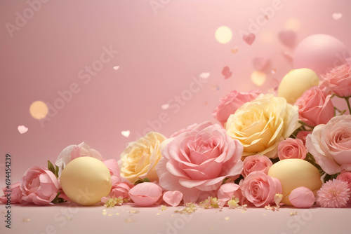 Red and yellow bouquet of flowers on pink background. Colorful beautiful flowers composition for Valentine's Day., Wedding, Birthday and more. Generative AI.