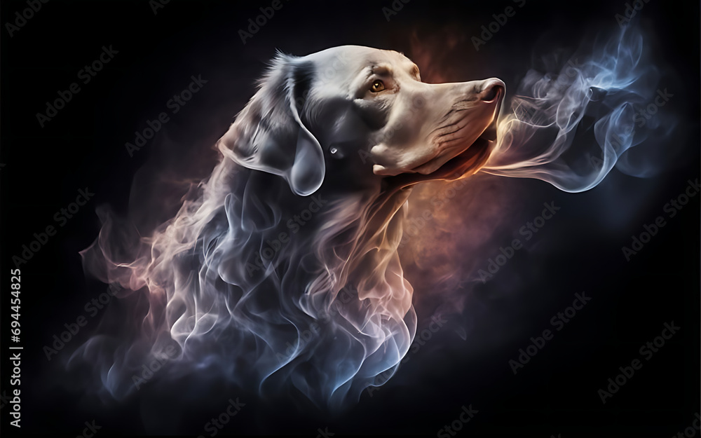 an ethereal and mesmerizing image of an Dog Embrace the styles of illustration, dark fantasy, and cinematic mystery the elusive nature of smoke