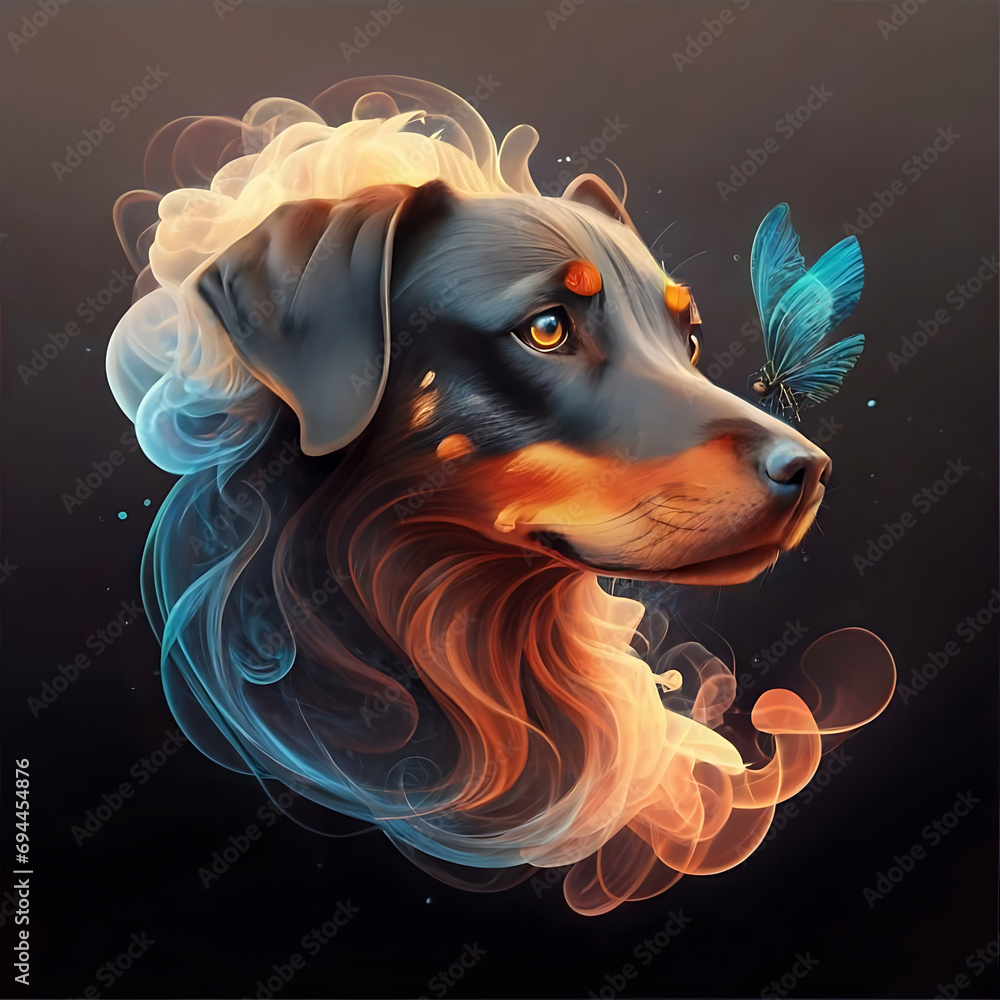 an ethereal and mesmerizing image of an Dog Embrace the styles of illustration, dark fantasy, and cinematic mystery the elusive nature of smoke
