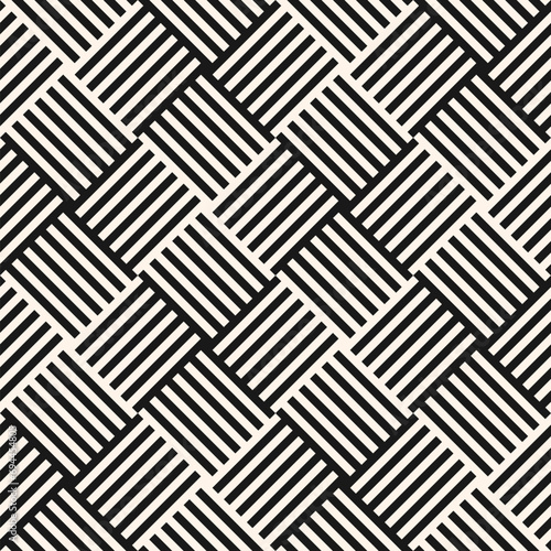 Wicker surface texture. Vector geometric lines seamless pattern. Modern vector ornament with stripes, squares, quirky lines. Abstract black and white graphic background. Stylish repeated geo design
