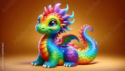 Cute rainbow little dragon. Cartoon character dragon. Fantasy Funny baby monster with big eyes. Fairy-tale hero. Children book. Illustration of tales. Toy design. Print. Copy space. Isolated © Zakhariya