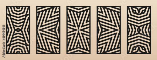 Decorative stencil for laser cut, CNC cutting. Set of vector abstract geometric patterns with lines, stripes, lattice, grid. Modern template for cutting of wood, metal, plastic. Aspect ratio 1:2