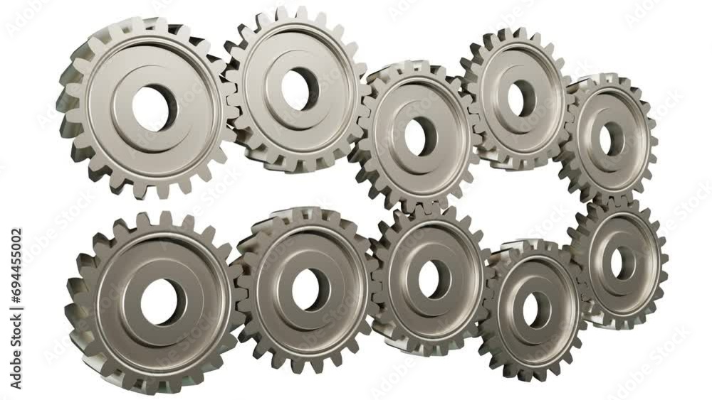 Mesh of multiple gears rolling animation on white background. Mesh of multiple gears rolling animation on white background.