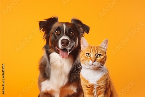 Generative AI image of polaroid of a dog and cat on orange background