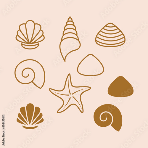seashells and starfishes. Continuous one line drawing of oyster mollusk with pearl corral and snail shells in simple linear style. Modern minimalist outline icon. Doodle Vector